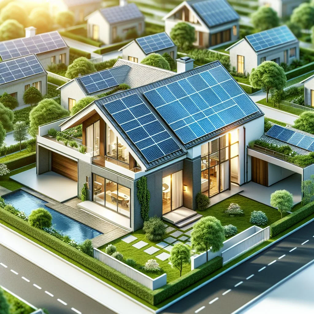 dibujo artístico de una casa con energia solar termica