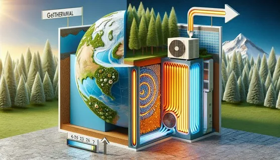 2 comparaciones geotermia o aerotermia geotermia o aerotermia, dibujo artístico de la unión de dos fuentes de generación de calefacción o refrigeración.